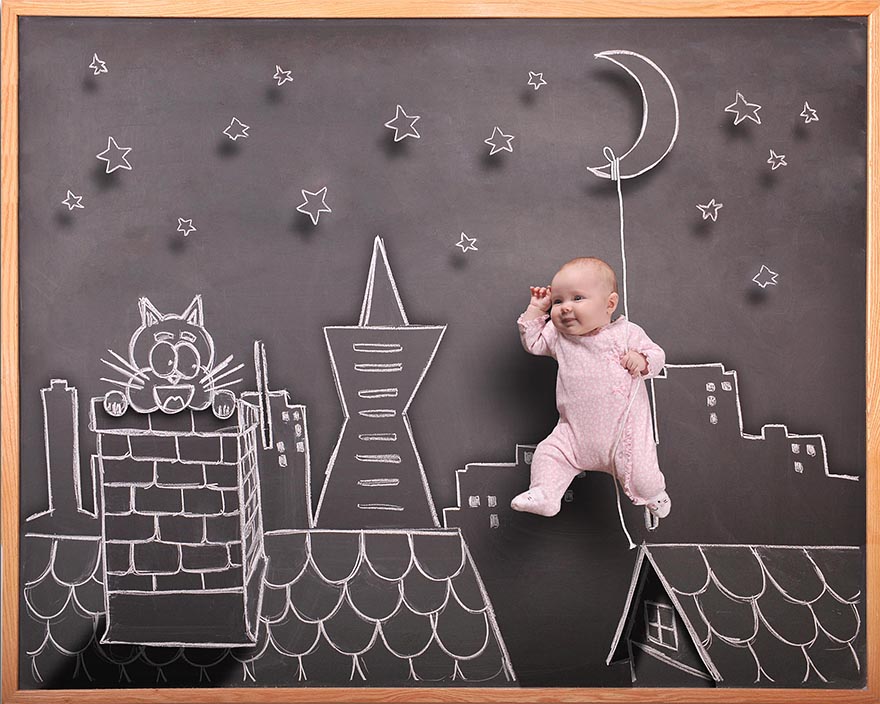 Mother Of Two Illustrates Babies' Dreams On Blackboard Mother Of Two Illustrates Babies' Dreams On Blackboard