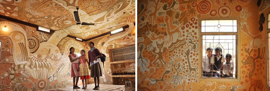 Artist Creates Intricate Mud Paintings On School Walls To Bring Art Into Villager Children's Lives Artist Creates Intricate Mud Paintings On School Walls To Bring Art Into Villager Children's Lives