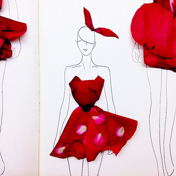 Artist Turns Real Flower Petals Into Fashion Design Illustrations