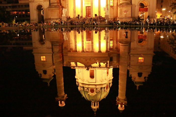 Reflection Of The Karlskirche From A Man Made Lagoon In Front Of The Church. Vienna, Austria