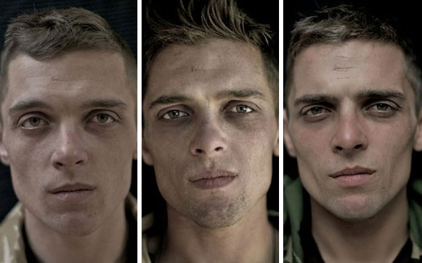 Soldier's portrait series showing transformation before, during, and after war service. Soldier's portrait series showing transformation before, during, and after war service.