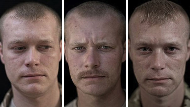 Triptych of soldier portraits showing different expressions pre, during, and post-war. Triptych of soldier portraits showing different expressions pre, during, and post-war.