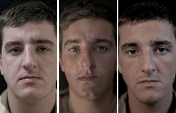 Before, during, and after war soldier portraits showing facial changes and expressions. Before, during, and after war soldier portraits showing facial changes and expressions.