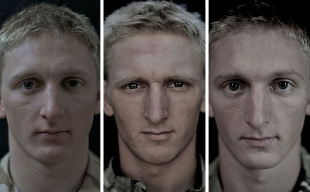 Soldier portraits showing changes before, during, and after war deployment. Soldier portraits showing changes before, during, and after war deployment.