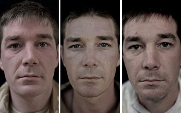 Portraits of a soldier before, during, and after war, showing changes over time. Portraits of a soldier before, during, and after war, showing changes over time.