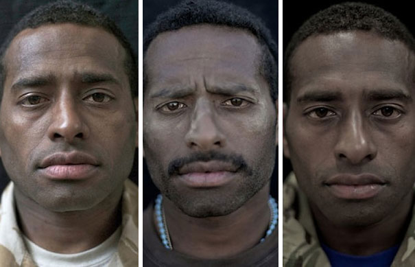 "Portraits of a soldier before, during, and after war, showing changes in expression and attire. "Portraits of a soldier before, during, and after war, showing changes in expression and attire.