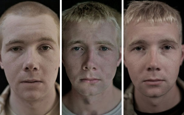 Portraits showing a soldier before, during, and after war, capturing emotional and physical changes over time. Portraits showing a soldier before, during, and after war, capturing emotional and physical changes over time.