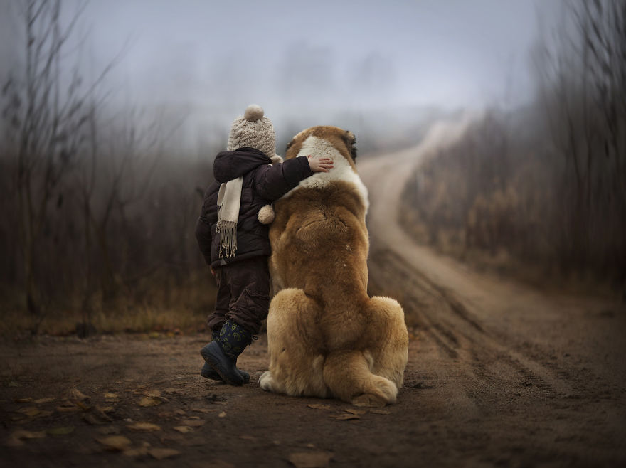 Child in winter clothes hugs a large dog on a foggy farm path, capturing a magical moment with animals. Child in winter clothes hugs a large dog on a foggy farm path, capturing a magical moment with animals.