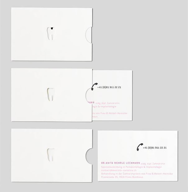 Creative business cards with tooth-shaped cutouts for a dentist, featuring contact details on white cards. Creative business cards with tooth-shaped cutouts for a dentist, featuring contact details on white cards.