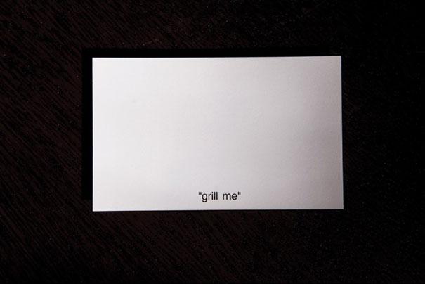Creative business card with the words "grill me" in lowercase on a minimalist white background. Creative business card with the words "grill me" in lowercase on a minimalist white background.