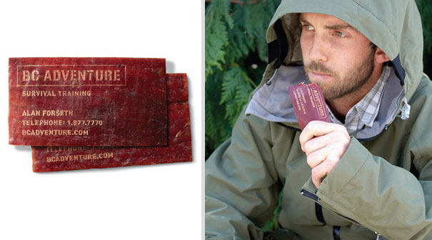 Creative business card made of beef jerky for a survival training company, held by a person in outdoor clothing. Creative business card made of beef jerky for a survival training company, held by a person in outdoor clothing.