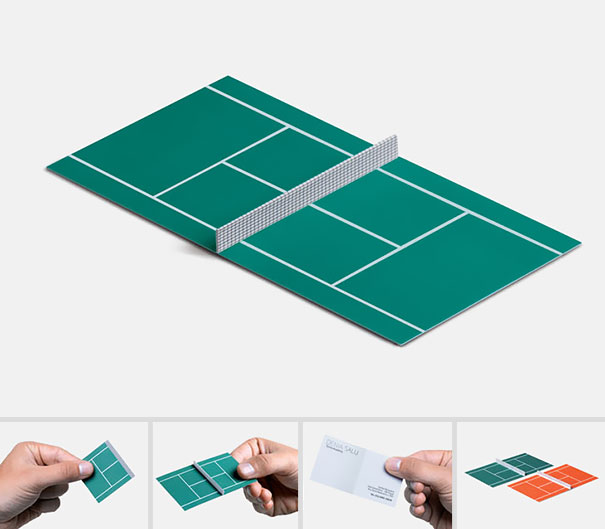 Creative business card shaped like a tennis court, showcasing innovative design. Creative business card shaped like a tennis court, showcasing innovative design.
