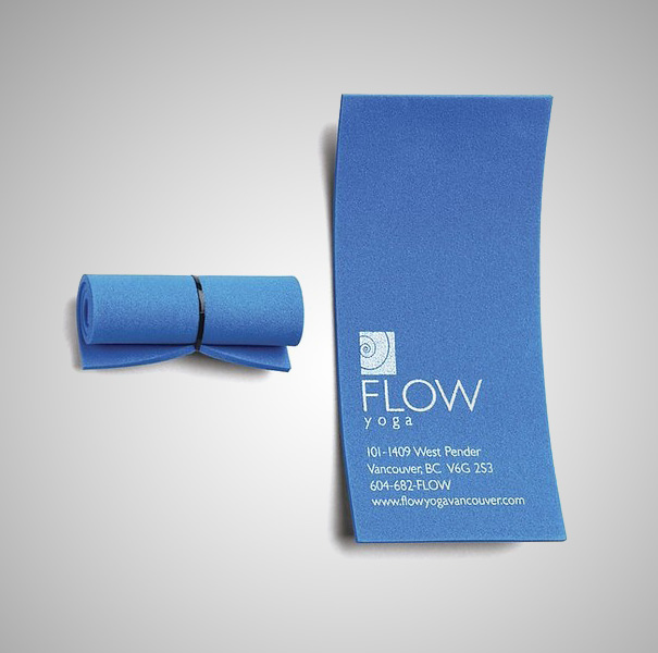 Creative business card shaped like a yoga mat, promoting Flow Yoga. Creative business card shaped like a yoga mat, promoting Flow Yoga.