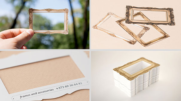 Creative business cards resembling ornate picture frames, showcasing unique design and innovation in branding materials. Creative business cards resembling ornate picture frames, showcasing unique design and innovation in branding materials.