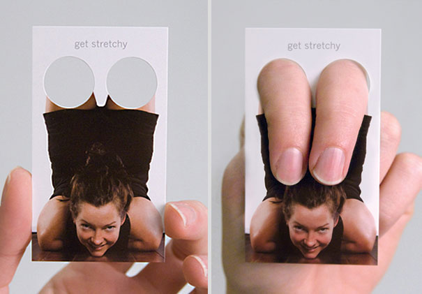 Creative business card with cutouts for fingers, depicting a stretching pose. Creative business card with cutouts for fingers, depicting a stretching pose.