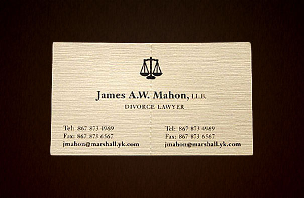 Creative business card for James A.W. Mahon, a divorce lawyer, featuring contact details on a textured background. Creative business card for James A.W. Mahon, a divorce lawyer, featuring contact details on a textured background.