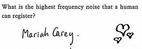 Smartass kid's funny test answer about high-frequency noise as "Mariah Carey" with doodles. Smartass kid's funny test answer about high-frequency noise as "Mariah Carey" with doodles.