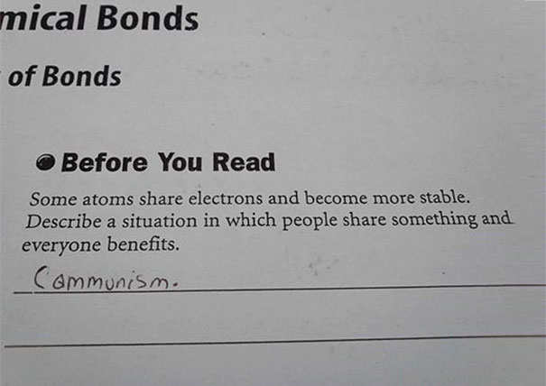 Test answer by a smartass kid mentioning communism in a chemistry context. Test answer by a smartass kid mentioning communism in a chemistry context.