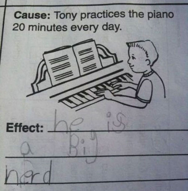 Kid's witty test answer about practicing piano, calling Tony a nerd. Kid's witty test answer about practicing piano, calling Tony a nerd.
