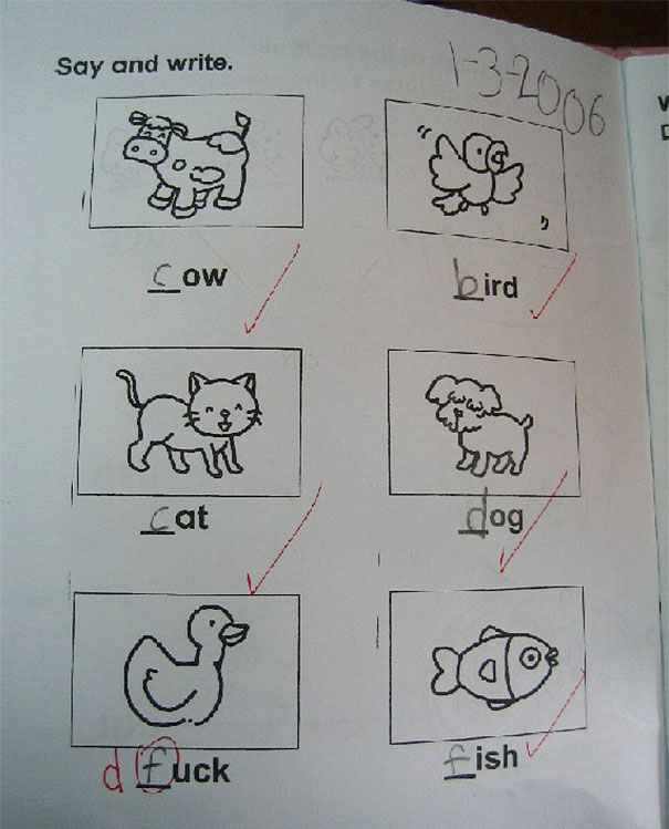 Smartass kid's test answers with playful animal spelling, including a highlighted mistake with a duck. Smartass kid's test answers with playful animal spelling, including a highlighted mistake with a duck.