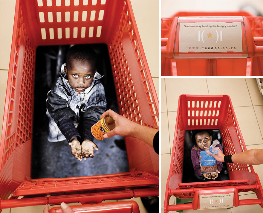 Powerful advertisement featuring a child image in a shopping cart with a person adding canned food, highlighting hunger awareness. Powerful advertisement featuring a child image in a shopping cart with a person adding canned food, highlighting hunger awareness.