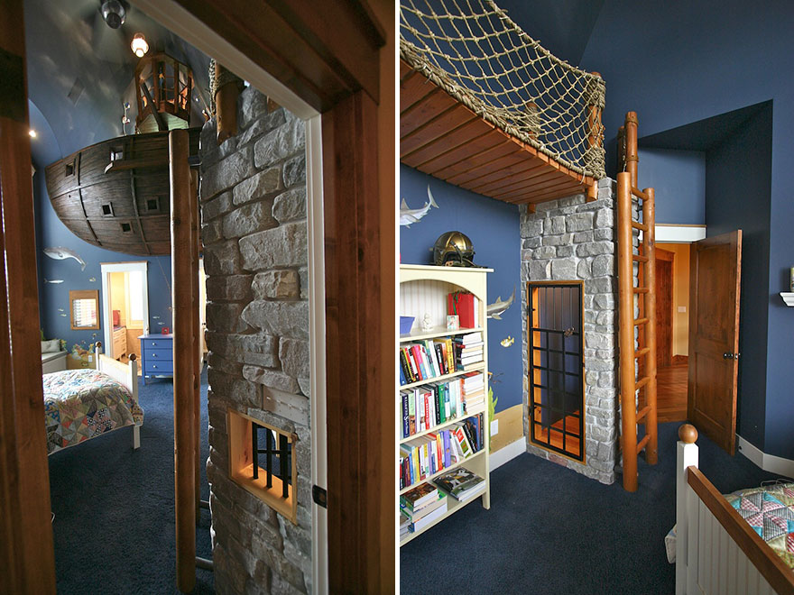Creative kids room ideas featuring a pirate ship bed, stone wall turret, and cozy reading nook with ladder and netting. Creative kids room ideas featuring a pirate ship bed, stone wall turret, and cozy reading nook with ladder and netting.