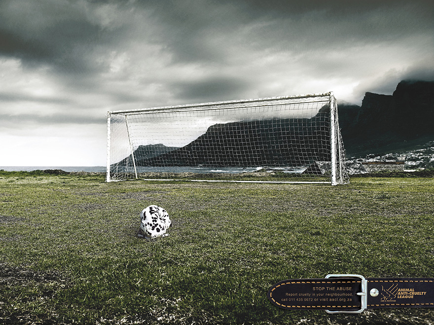 Powerful advertisement showing a soccer goal with a Dalmatian-patterned ball, highlighting animal abuse awareness. Powerful advertisement showing a soccer goal with a Dalmatian-patterned ball, highlighting animal abuse awareness.