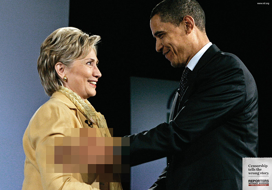 A powerful advertisement featuring two individuals shaking hands with a censorship theme. A powerful advertisement featuring two individuals shaking hands with a censorship theme.
