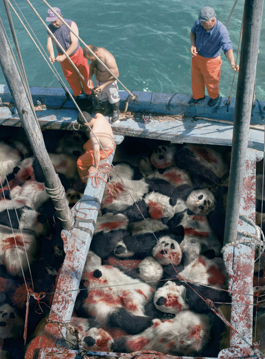 Powerful advertisement of workers on a boat with panda plush toys stained red, highlighting the issue of animal cruelty. Powerful advertisement of workers on a boat with panda plush toys stained red, highlighting the issue of animal cruelty.