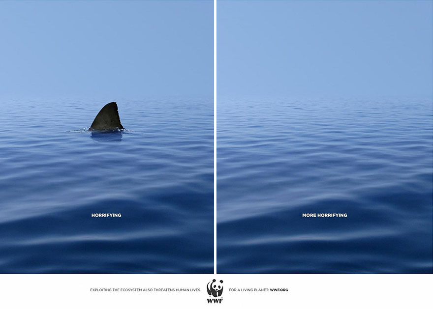 Powerful advertisement comparing a shark fin to an empty ocean, highlighting environmental concerns. Powerful advertisement comparing a shark fin to an empty ocean, highlighting environmental concerns.