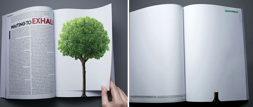 Open magazine with a powerful advertisement by Greenpeace, showing a healthy tree on one page and a cut stump on the other. Open magazine with a powerful advertisement by Greenpeace, showing a healthy tree on one page and a cut stump on the other.