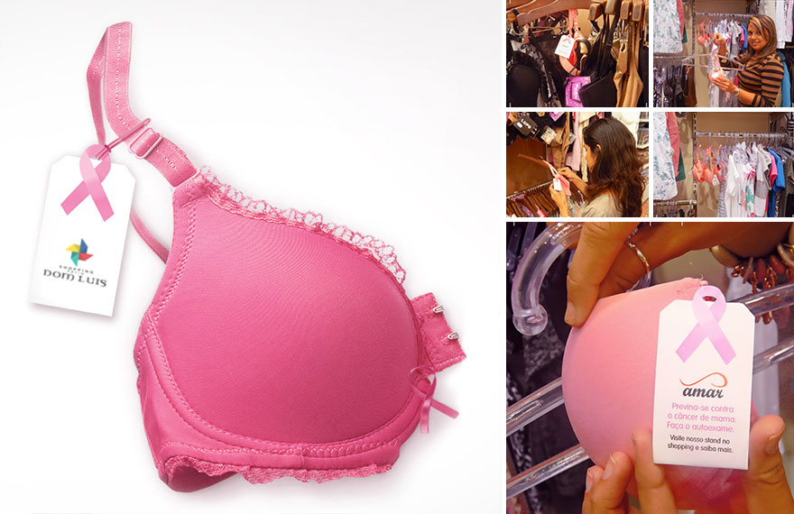 Powerful advertisement featuring a pink bra with breast cancer awareness tag in a store display. Powerful advertisement featuring a pink bra with breast cancer awareness tag in a store display.