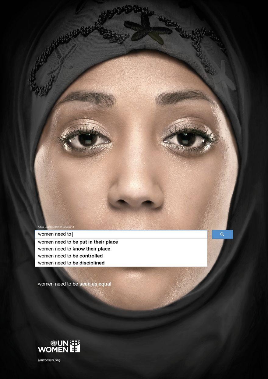 Powerful advertisement challenging stereotypes with a woman's face and autocomplete text highlighting gender bias. Powerful advertisement challenging stereotypes with a woman's face and autocomplete text highlighting gender bias.
