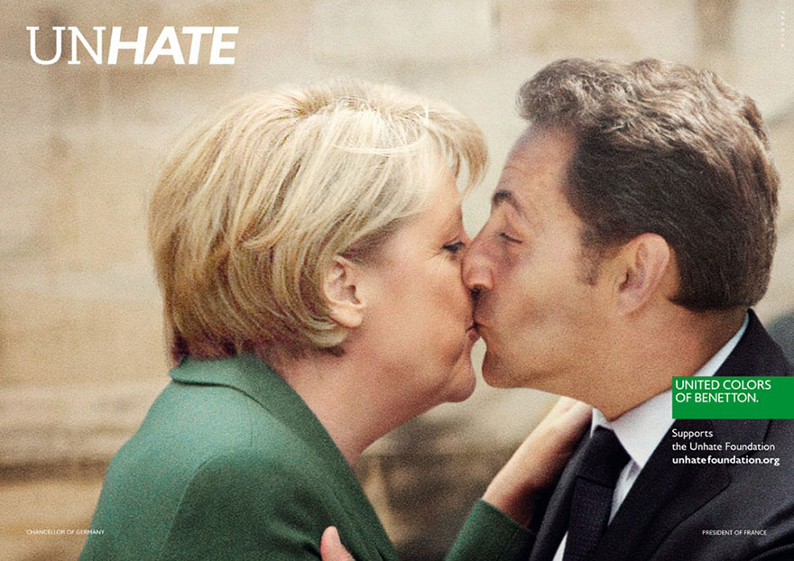Powerful advertisement showing two leaders kissing, promoting the Unhate campaign by United Colors of Benetton. Powerful advertisement showing two leaders kissing, promoting the Unhate campaign by United Colors of Benetton.