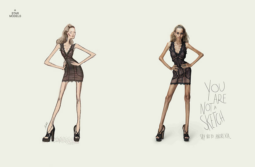 Powerful advertisement showing a fashion sketch compared to a model, highlighting the message "Say No to Anorexia. Powerful advertisement showing a fashion sketch compared to a model, highlighting the message "Say No to Anorexia.