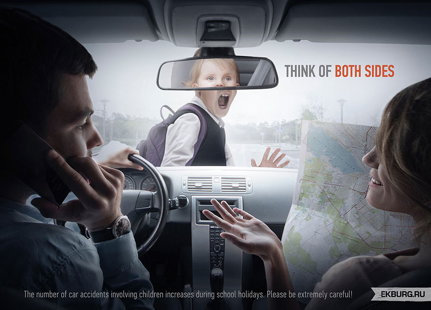 Powerful advertisement of distracted drivers and a child on the road, with text "Think of Both Sides" for safety awareness. Powerful advertisement of distracted drivers and a child on the road, with text "Think of Both Sides" for safety awareness.