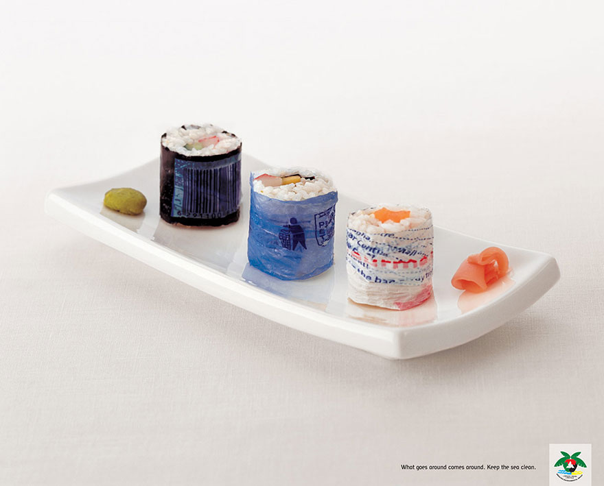 Sushi rolls made from plastic bags on a plate, highlighting powerful advertisement about ocean pollution. Sushi rolls made from plastic bags on a plate, highlighting powerful advertisement about ocean pollution.