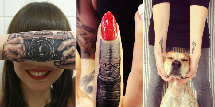 Woman with camera tattoo on hands, realistic finger tattoo resembling a nail, and person holding a dogu2019s face with arm tattoos.