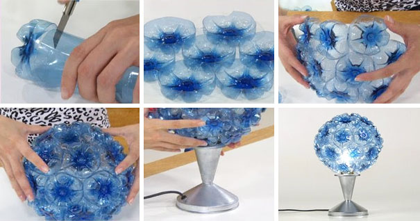 Recycling old plastic bottles into a decorative lamp in the creative crafting process. Recycling old plastic bottles into a decorative lamp in the creative crafting process.