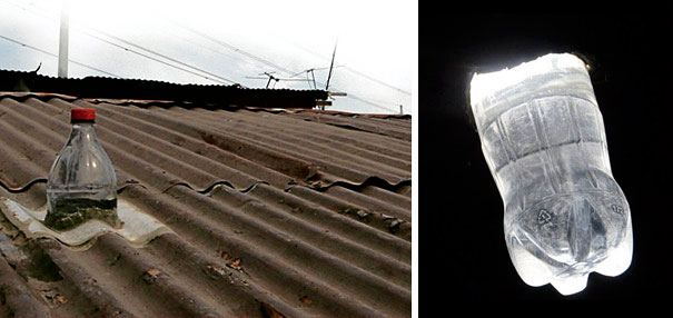 Recycled plastic bottles used as eco-friendly skylights on a corrugated roof. Recycled plastic bottles used as eco-friendly skylights on a corrugated roof.