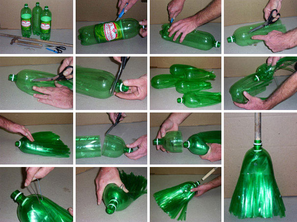 Steps to creatively recycle old plastic bottles into a broom. Steps to creatively recycle old plastic bottles into a broom.