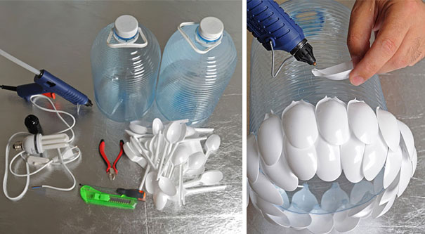 Recycling old plastic bottles into a lamp using plastic spoons and a hot glue gun. Recycling old plastic bottles into a lamp using plastic spoons and a hot glue gun.