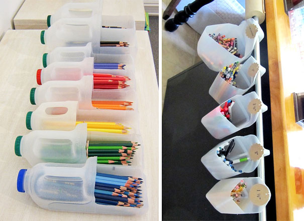 Recycled plastic bottles used as colorful pencil holders on a desk and wall rack. Recycled plastic bottles used as colorful pencil holders on a desk and wall rack.