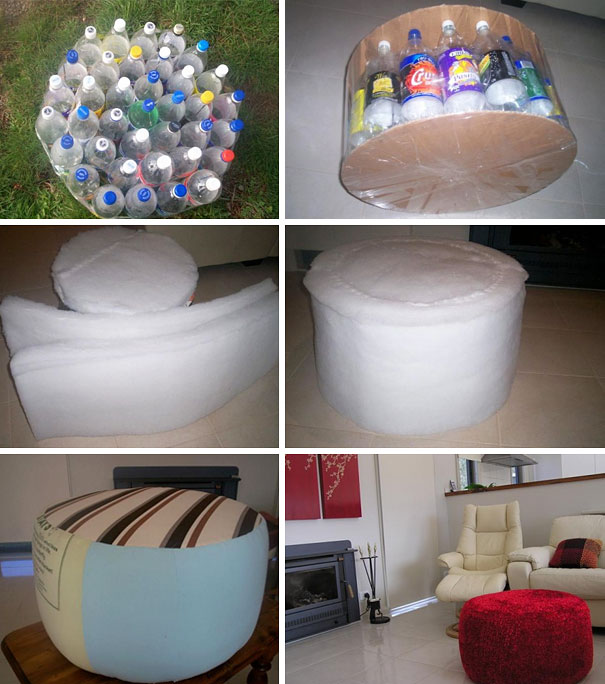 Recycling old plastic bottles into a DIY ottoman, shown from initial bottles to completed furniture piece. Recycling old plastic bottles into a DIY ottoman, shown from initial bottles to completed furniture piece.