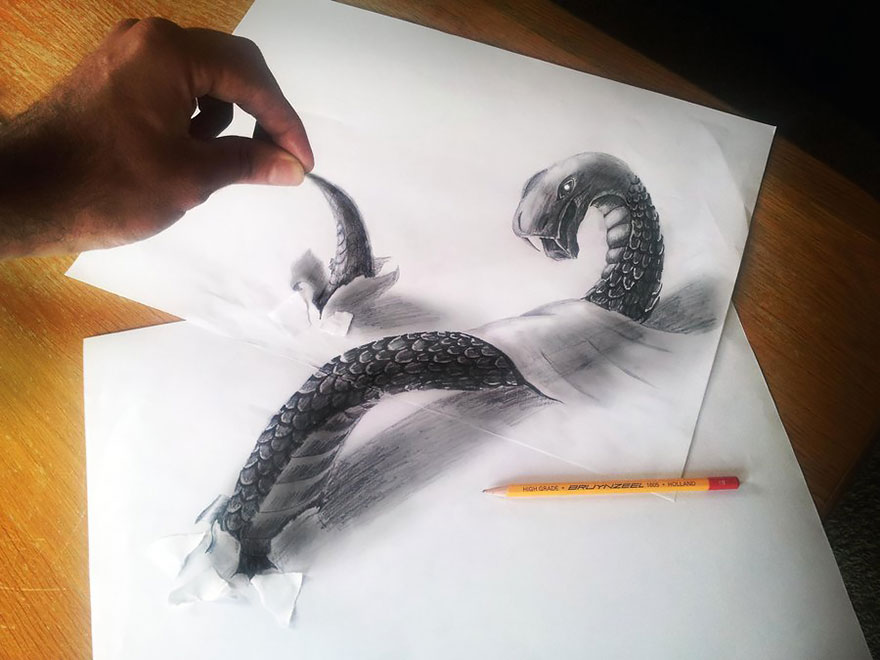 Realistic 3D drawing of a snake emerging from paper with a pencil nearby. Realistic 3D drawing of a snake emerging from paper with a pencil nearby.