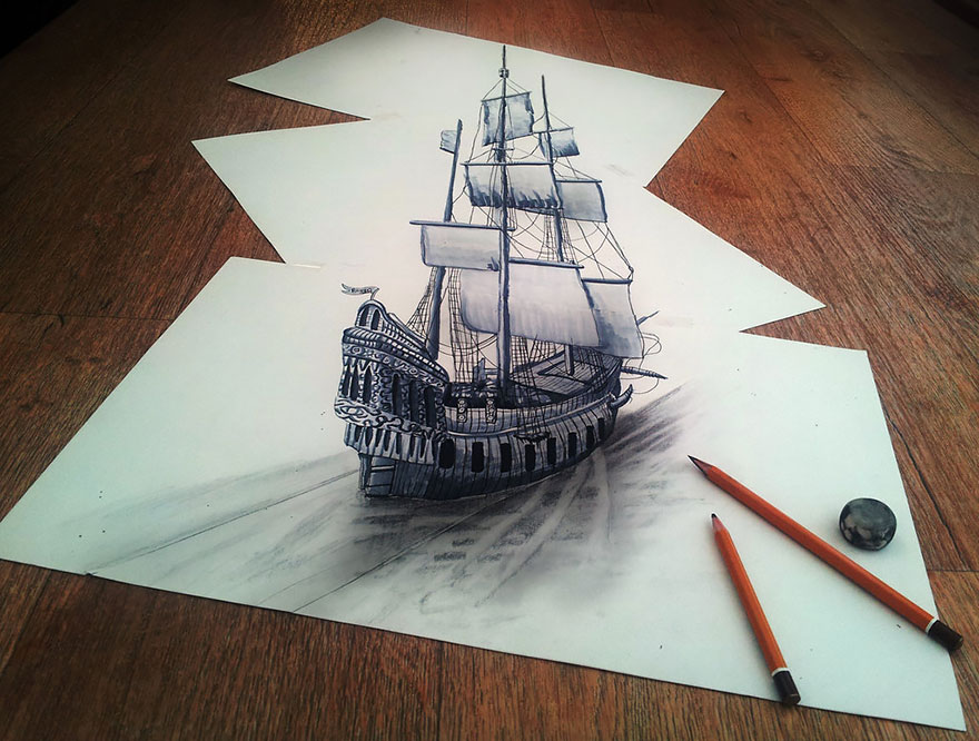 Realistic 3D drawing of a ship on paper, with pencils and eraser nearby on a wooden surface. Realistic 3D drawing of a ship on paper, with pencils and eraser nearby on a wooden surface.