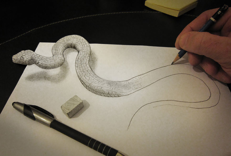 Realistic 3D drawing of a snake, appearing lifelike on paper with a pencil and eraser nearby. Realistic 3D drawing of a snake, appearing lifelike on paper with a pencil and eraser nearby.
