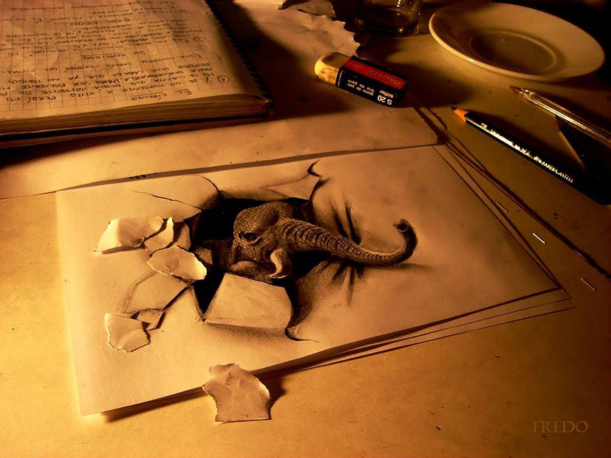 Realistic 3D drawing of an elephant emerging from the paper, surrounded by art materials on a desk. Realistic 3D drawing of an elephant emerging from the paper, surrounded by art materials on a desk.