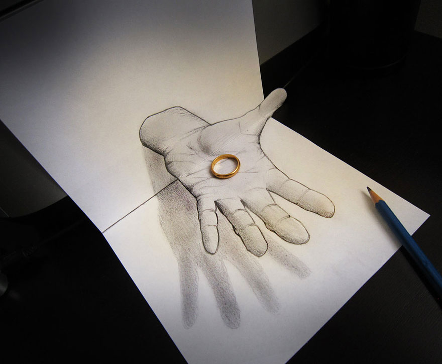 Realistic 3D drawing of a hand on paper with a ring placed on the palm, accompanied by a pencil. Realistic 3D drawing of a hand on paper with a ring placed on the palm, accompanied by a pencil.