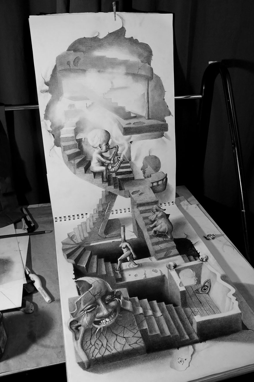Realistic 3D drawing featuring surreal staircases and abstract figures, creating an optical illusion on paper. Realistic 3D drawing featuring surreal staircases and abstract figures, creating an optical illusion on paper.